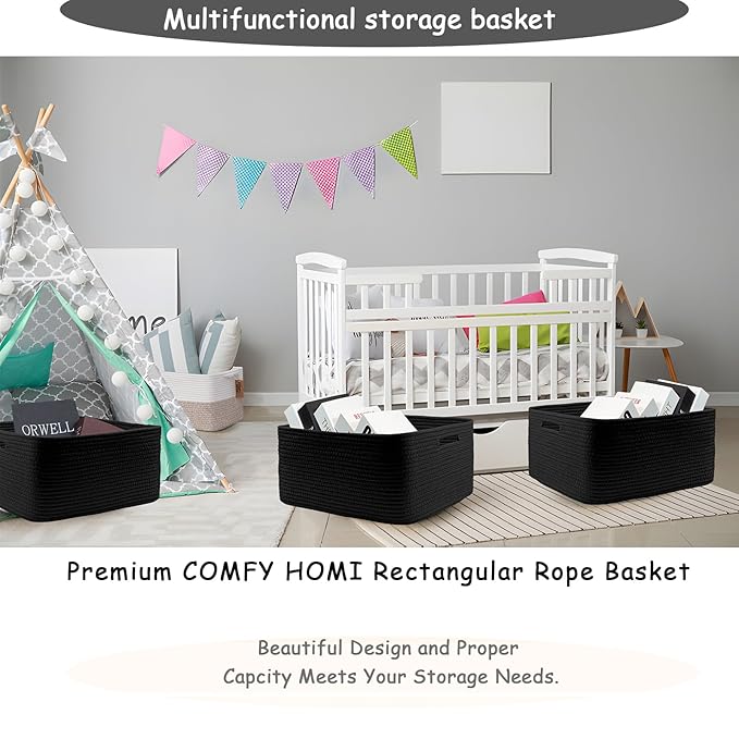COMFY-HOMI 3 pcs Large Storage Baskets for Shelves, Laundry Basket, Woven Rope Basket, Closet Organizer Bins for Clothes Blan