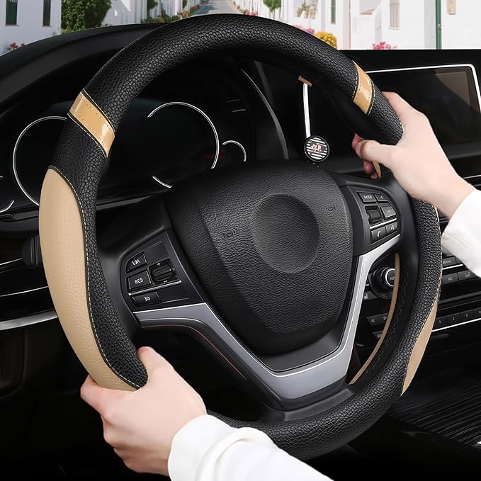 Cxtiy Pickup Truck Steering Wheel Cover – Sporty Fahsion Non-Slip Premium Leather Universal 15.5-16 Inch Steering Wheel Grip 