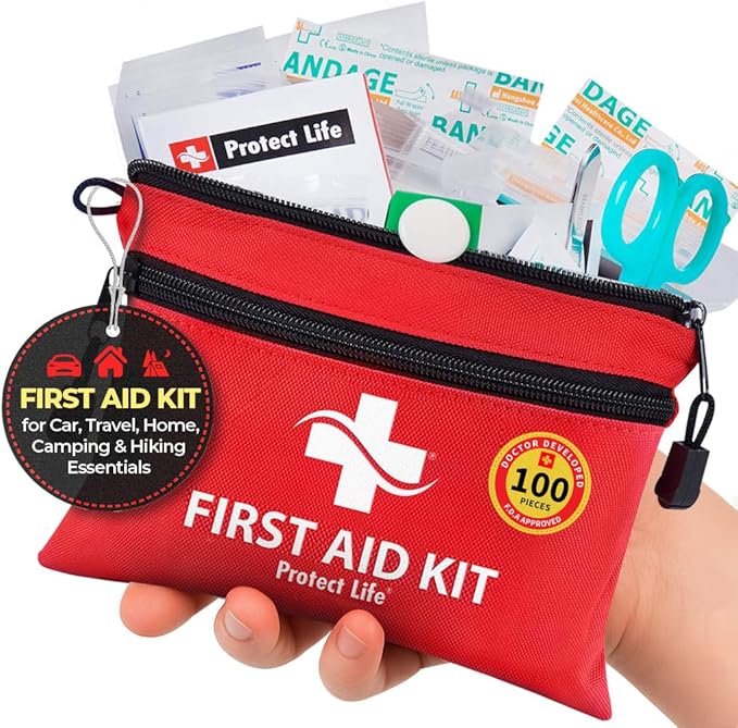 Protect Life First Aid Kit, Travel First Aid Kit for Car, 100 Piece Compact Emergency Preparedness Starter Kit for Home, Offi