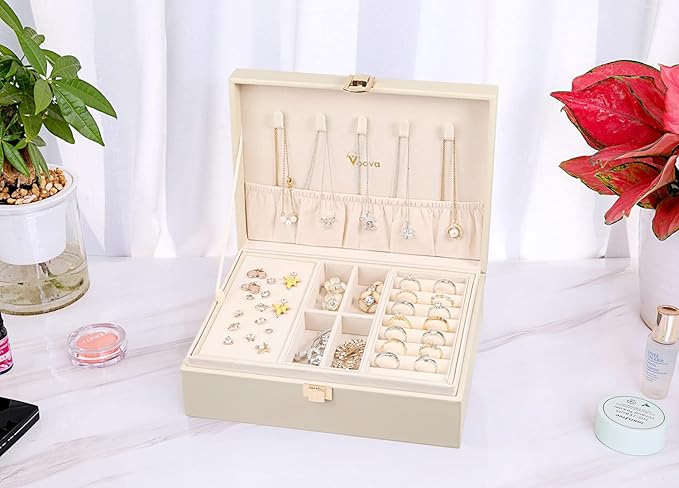 Voova Jewelry Box Organizer for Women Girls, 2 Layer Large Men Jewelry Storage Case, PU Leather Display Jewellery Holder with