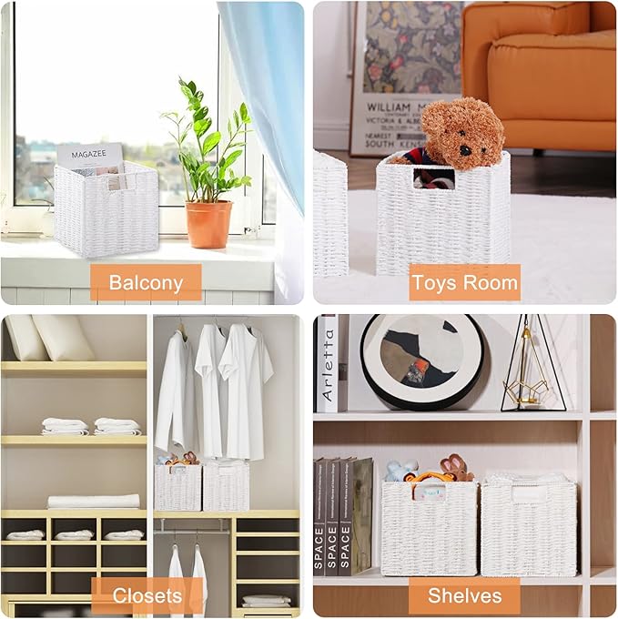 Vagusicc Wicker Storage Basket, Set of 2 Hand-Woven Wicker Baskets for Organizing, Foldable Cube Storage Basket Bins, 13 Inch