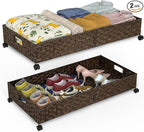 Under Bed Storage with Wheels, 40L Large Rolling Underbed Shoes Storage Boxs, Handwoven Rattan Under Bed Storage Organizer Dr