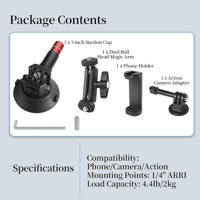 CNC Machined 3in Camera Suction Cup Mount with Adjustable Magic Arm, 1/4" ARRI Holes Quick Release Car Mount with Phone Holder & Action Camera Adapter Compatible with DJI OSMO Pocket 3 Insta360 iPhone