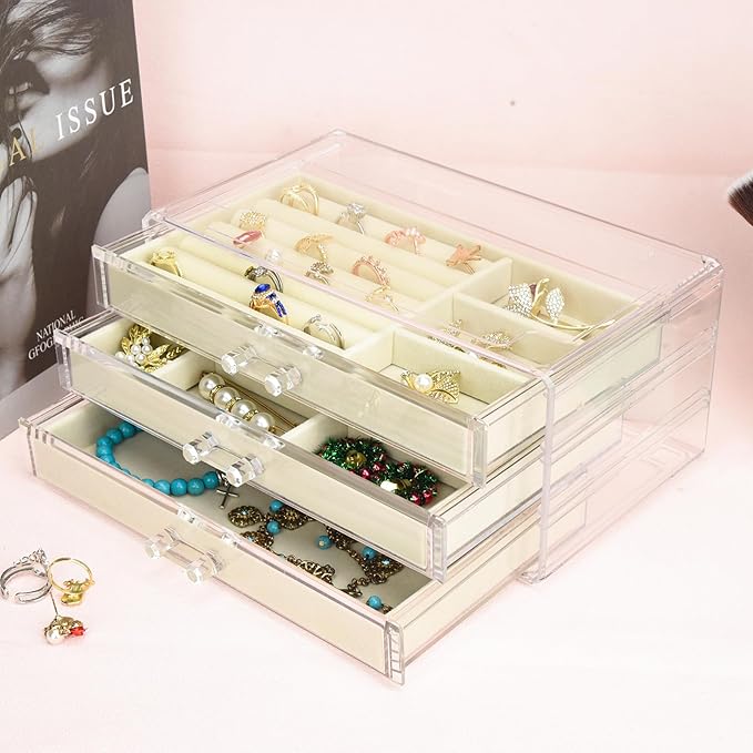 Weiai Acrylic Jewelry Box 3 Drawers, Velvet Jewellery Organizer, Earring Rings Necklaces Bracelets Display Case Gift for Wome