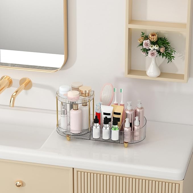 Makeup Organizer Countertop for Vanity, Rotating Perfume Tray with 5-compartment Cosmetic and Skincare Organizers, Multi-Purp