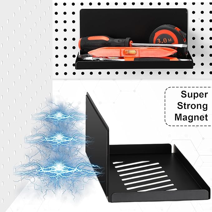 Therwen 4 Pack Magnetic Pegboard Shelves Wall Organizer Metal Pegboard Shelf Steel Tray Accessories Organizing Tools for Craf