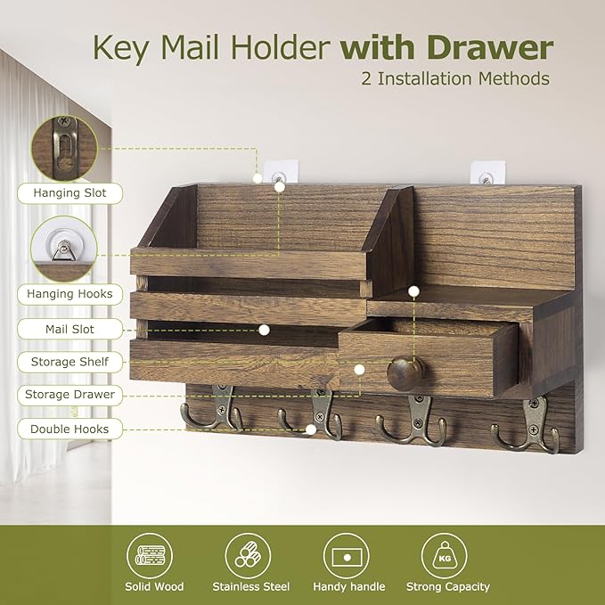 Key Holder Wall Mount, Wooden Adhesive Mail and Key Organizer with Drawer, Small Shelf, 8 Hooks, 2 Installation Methods, Brow