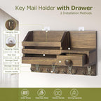 Key Holder Wall Mount, Wooden Adhesive Mail and Key Organizer with Drawer, Small Shelf, 8 Hooks, 2 Installation Methods, Brow