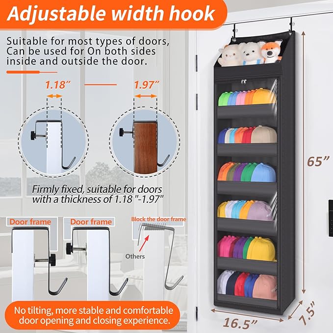 Toread 7-Layer Door-Mounted Baseball Cap Organizer, Dust-Proof Hat Rack Holds 90 Hats, Adjustable Non-Slip Hooks, Multi-Purpo