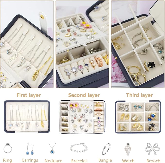KOOAAICCHI Small Jewelry Box, Travel Jewelry Organizer, Portable Jewelry boxes for Women Girls Gift, Double Layers PU Leather