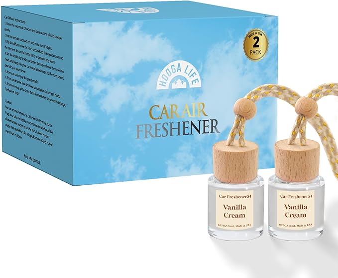 HoogaLife Car Air Freshener Diffuser 2 Pack Hanging Air Freshener Diffuser - Vanilla Cream Fragrance Oil Air D iffuser for Ca