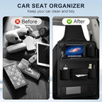 Universal Car Backseat Organizer with Tablet Holder & Foldable Tray - Heavy-Duty Kick Mats Seat Protector for Kids, Waterproof Multi-Pocket Storage for Road Trips, Cars, SUVs