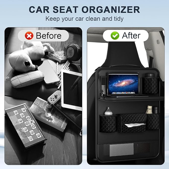 Universal Car Backseat Organizer with Tablet Holder & Foldable Tray - Heavy-Duty Kick Mats Seat Protector for Kids, Waterproof Multi-Pocket Storage for Road Trips, Cars, SUVs