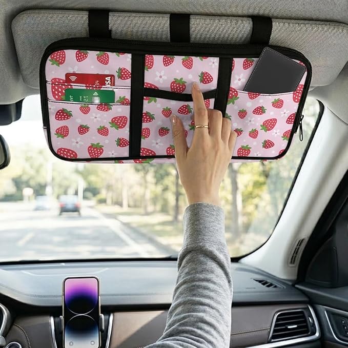 Pink Strawberry Car Sun Visor Organizer with Card Holder Car Visor Organizer Fashion Cars Accessories Easy to Store for Cars, SUVs & Trucks
