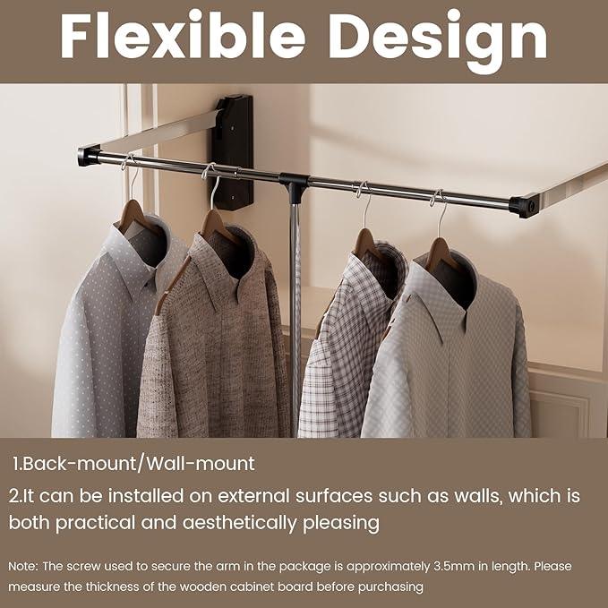 Pull Down Closet Rod, Adjustable 33-45 Inches Soft-Close Wardrobe Rail, Two-way Buffering Stainless Steel Back Mounted Organi