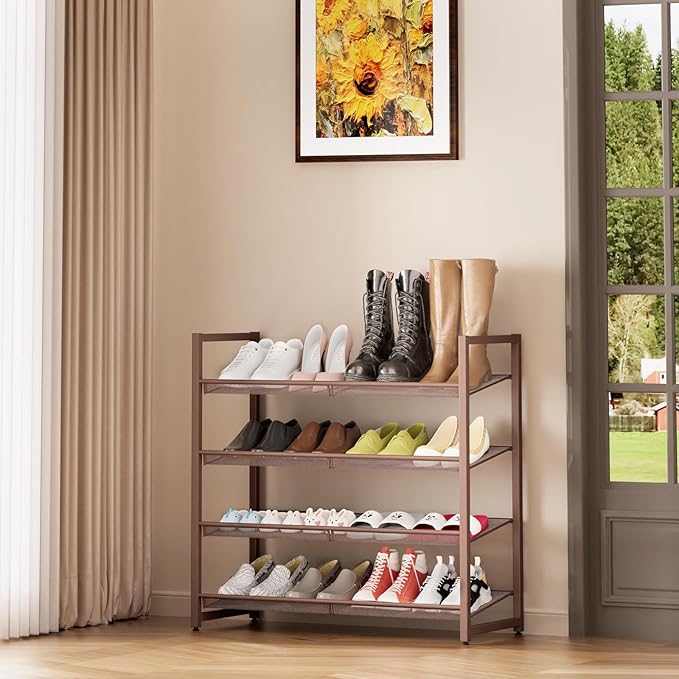 Metal Shoe Rack for Closet,entryway, 4-Tier Shoe Organizer, Adjustable Flat or Angled Shelves, Holds up to 20 Pairs Shoes