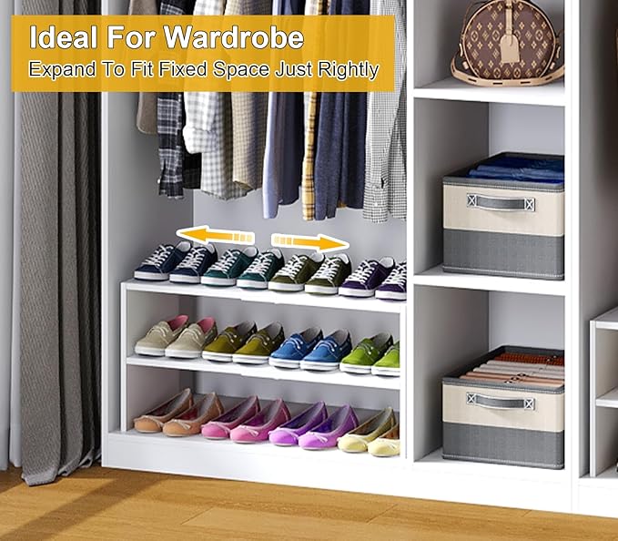 White Shoe Rack Organizer for Closet, 2-Tier Expandable Shoe Shelf, Stackable Iron Wood Combination Small Shoe Racks Shelves 