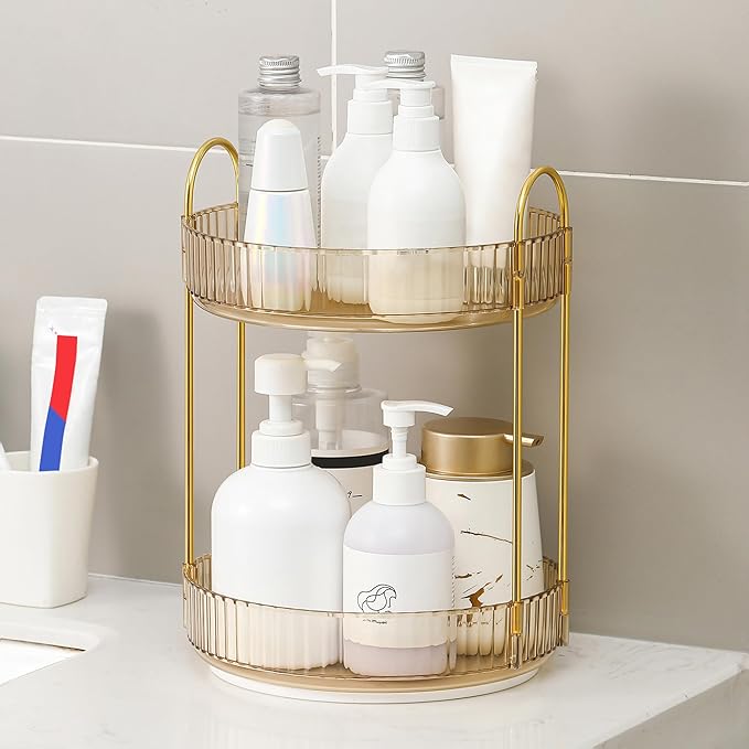 YCIA&DONE 360 Rotating Makeup Organizer and Storage for Vanity Countertop 2 Tiers, High Capacity Cosmetic Skincare Perfume Or