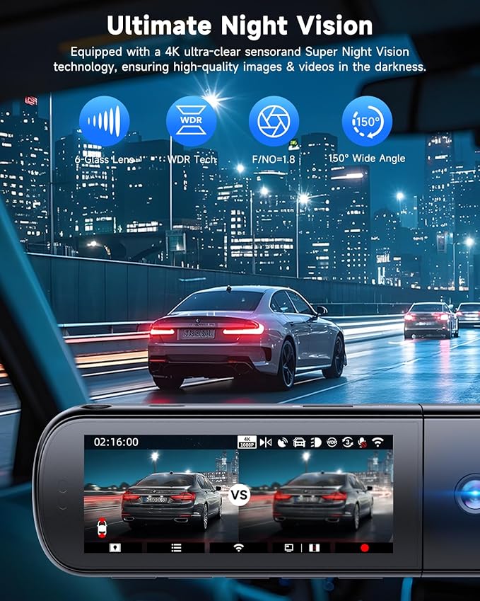 SARMERT 4K 3 Channel Dash Cam, Dash Cam Front and Rear C3, Free 64GB Card, 4K+1080P+1080P Dashcam, G-Sensor, WDR, APP, 5G WiF