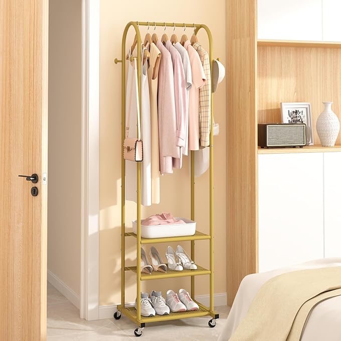 Kaitiemoo Heavy Duty Clothing Rack with Wheels,Modern Garment Rack with 3 Metal Shelves, 71.8Inches Display Rack for Hanging 