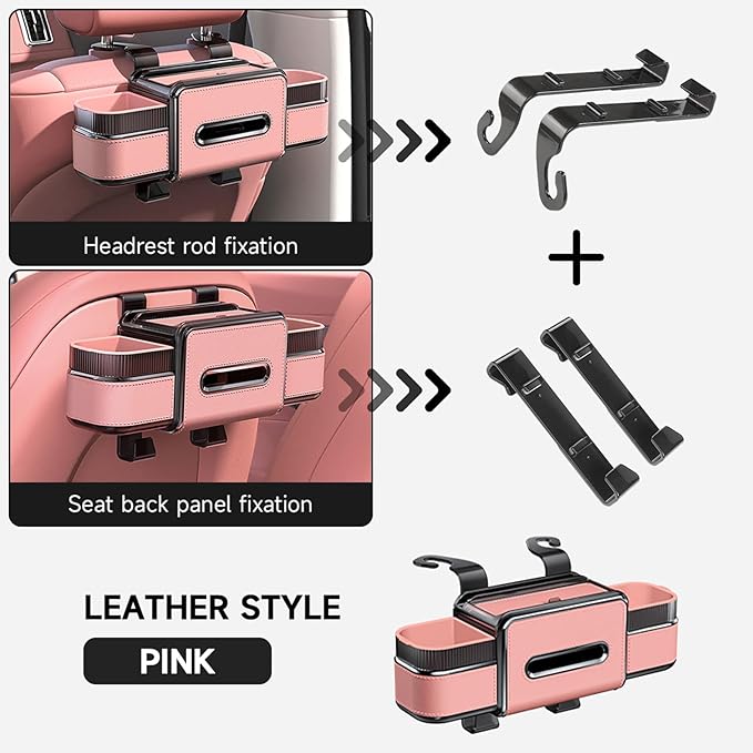 Multifunctional Car Seat Back Organizer Box with Drink Cup Holder, Makeup Mirror, Tissue Box& Hooks for Car Seat Back, New Upgrade Car Headrest Backseat Organizer Suitability for Wife, Girlfriend
