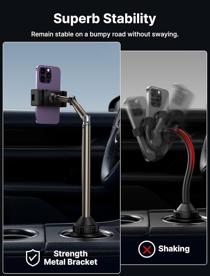 JSAUX Car Cup Holder Cellphone Mount, Metal Long-Arm Ultra Stable Phone Holder for Car Cupholders - Adjustable for iPhone 16 