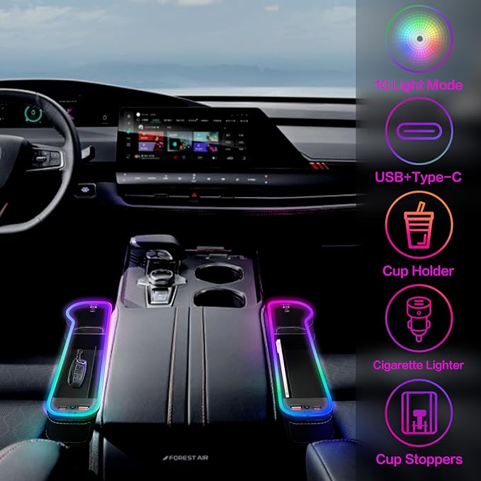 LED Car Seat Gap Filler Organizer Car Gap Filler with 10 Light Music Rhythm Modes USB and Type-C Charger Fit for iPhone Android (2 Pack)