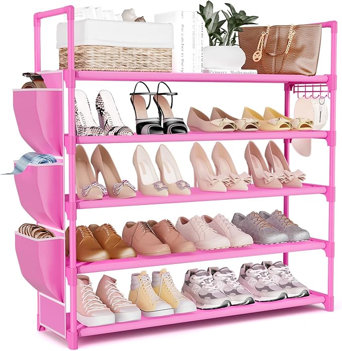 VILICK Shoe Rack for Closet Shoe Organizer Space Saver Storage for 20-25 Pair Shoe Shelf with Hook and Side Pocket Free Stand