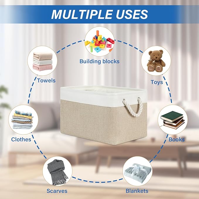 Temary Fabric Storage Baskets 4Pack Storage Bins Decorative Basket for Gift, Clothes Bin with Rope Handle, Rectangle Baskets 
