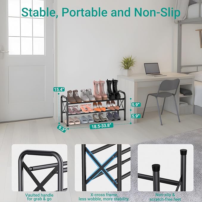 YEASHEIN 2-Tier Expandable Shoe Rack for Closet Floor, X-Frame Metal Small Shoe Rack for Entryway, Adjustable Shoe Shelf Orga