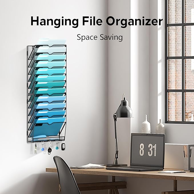 13 Tier Wall File Organizer - Hanging File Organizer with 5 Hooks, Mail Holder Wall Mounted for Papers, Folders, Magazines, B