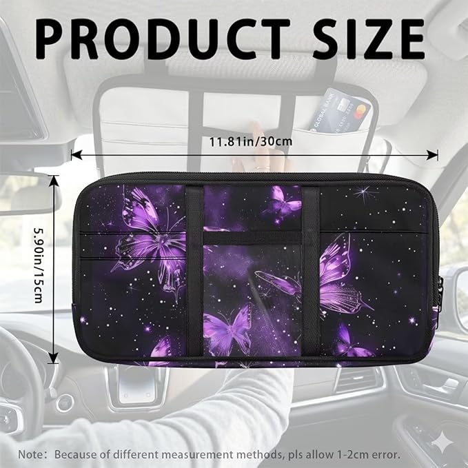 Butterfly Car Sun Visor Organizer Zipper with Picture Holder Tech Pouch Accessories Carry Storage with Multi-Pocket and Adjustable Straps Easy Installation Universal Fit for Most Cars SUV