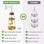 HULISEN 3 Tier Hanging Fruit Basket with Banana Hook, 36-Inch Heavy-Duty Wire Hanging Baskets for Kitchen Storage, Vegetable 