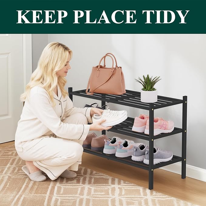Smiry Bamboo Shoe Rack 3-Tier, Stackable Wooden Shoe Organizer for Entryway & Closet, Free Standing Wood Shoe Storage Shelf f