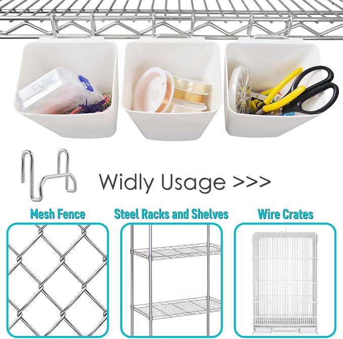 G.CORE Large Grid Wall Bins - 6Pack White Gridwall Accessories Hanging Cups with Back Hooks - Plastic Grid Wall Panels Organi