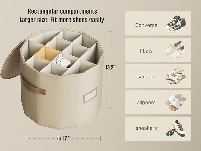 Vailando Shoe Organizer for Closet - Cylindrical Shoe Storage Organizer with Removable Dividers, Rectangular Compartment, Fol