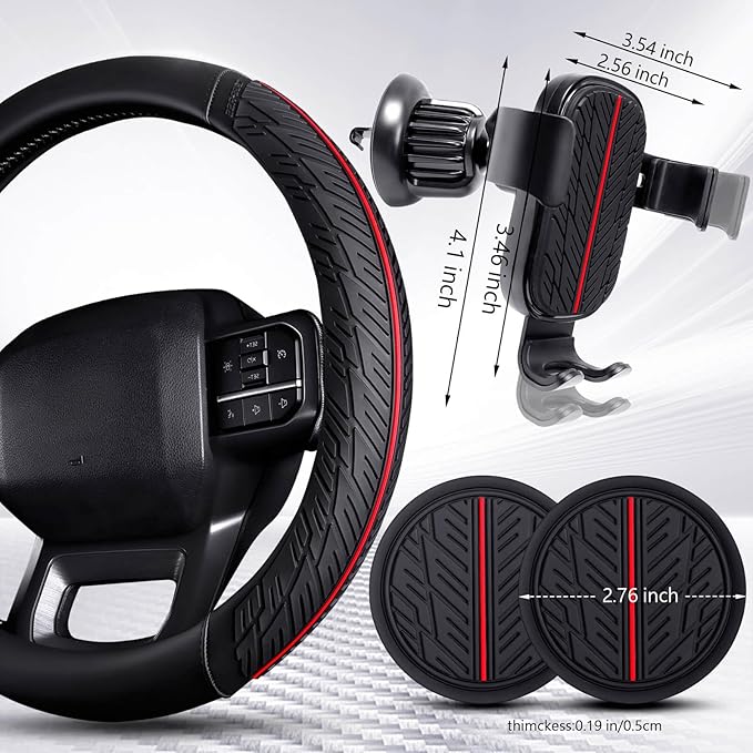 CAR PASS Leather Rubber Steering Wheel Cover Combo Set Universal Fit for Truck SUV Car Ram F150 Tundra 4Runner Tacoma Mobile Phone Holder Anti-slip Heavy Duty Tire Tread Large-size 15.5"-16" Black Red