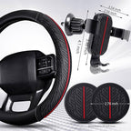 CAR PASS Leather Rubber Steering Wheel Cover Combo Set Universal Fit for Truck SUV Car Ram F150 Tundra 4Runner Tacoma Mobile Phone Holder Anti-slip Heavy Duty Tire Tread Large-size 15.5"-16" Black Red
