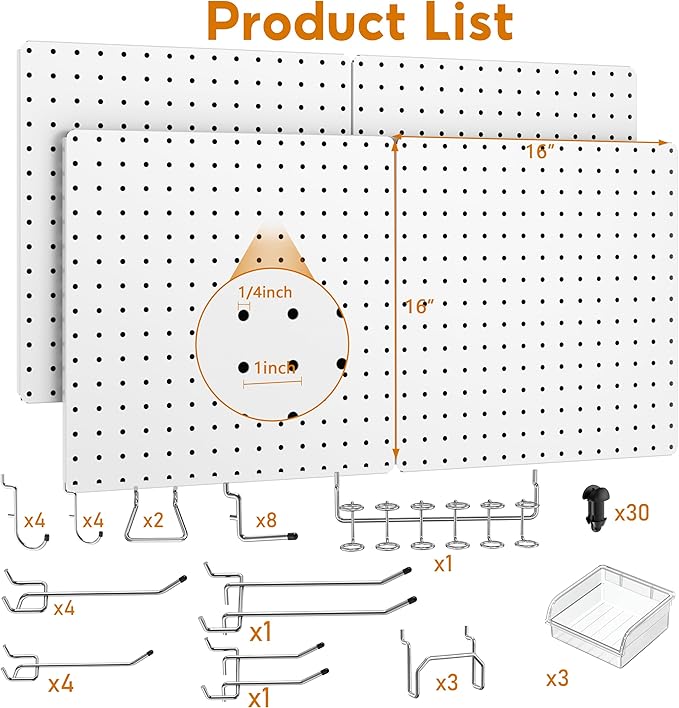 Peg Board, Total 32” x 32”, 68PCS Heavy Duty Metal Pegboard with Hooks, 4 Pack White Peg Board Panels, 50lbs Load Capacity Ea