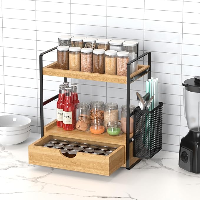LEMIKKLE Bathroom Counter Organizer with Drawer and Basket,Wood Countertop Organizer for Bathroom Decor Makeup Tray for Perfu