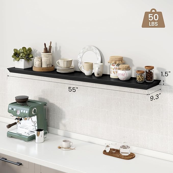 Axeman 55 Inch Floating Shelves for Wall, 9.3" Deep Crown Molding Wood Display Shelf with Heavy Duty Invisible Brackets for L