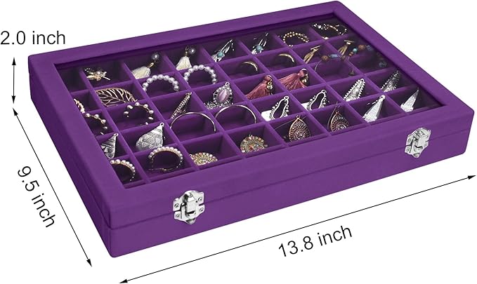 Siveit Velvet Jewelry Tray 48 Grid Jewelry Display Tray Organizer Box with Transparent Lid Rings Earrings Necklaces Pendants 