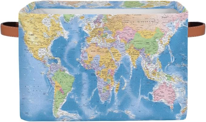 Globe World Map Storage Basket Collapsible Cloth Storage Cube Basket Bins Organizer with Handles Rectangular Large Toys Shelf