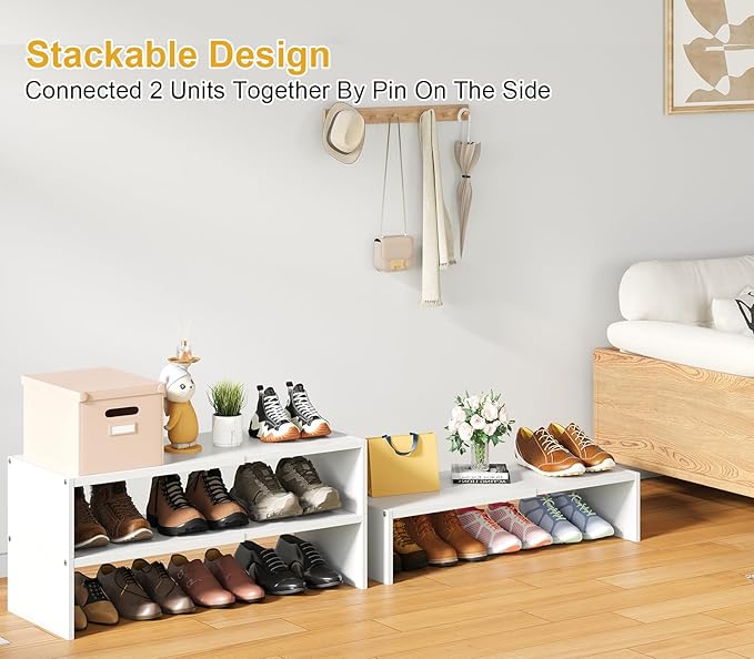 Cidaziya 2 Pack Expandable 1 Tier Shoe Rack for Shoe Cabinet, 1 Tier Stackable White Shoe Shelf Organizer for Closet, Sturdy 