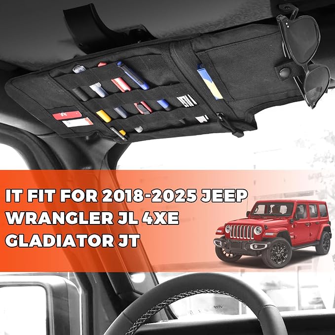 Sun Visor Organizer Compatible with Wrangler JL & JT 2018-2025, Driver's Side Front Tactical Visor Storage Molle Webbing Visor Storage, car Sunglasses Clip, Multi-Pocket
