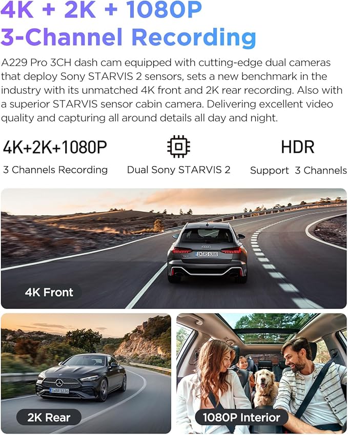VIOFO A229 Pro 3 Channel 4K HDR Dash Cam, Dual STARVIS 2 Sensors IMX678 & IMX675, 4K+2K+1080P Front Inside and Rear Triple Ca
