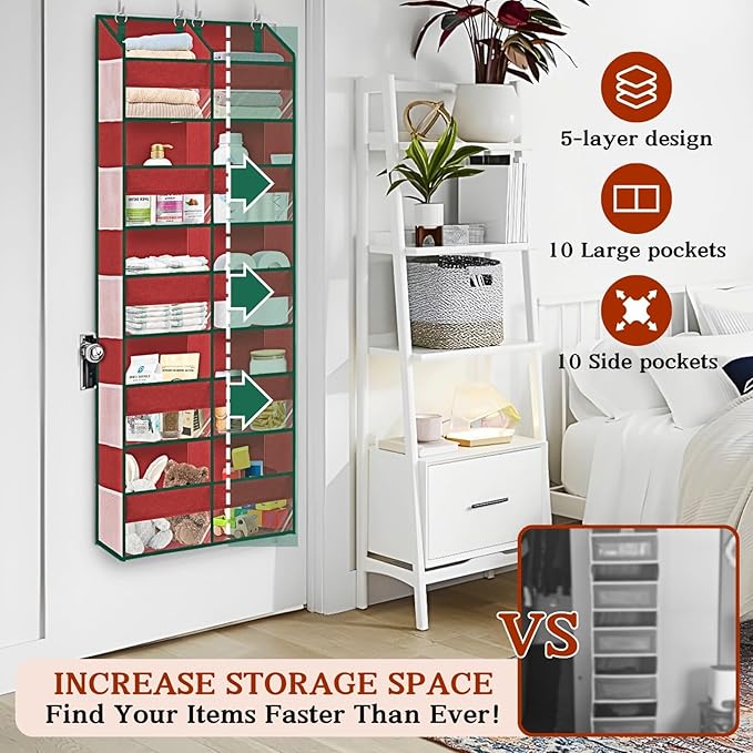 Christmas Over The Door Organizer 5 Tiers, Extra Large Behind Door Storage of 10 Compartments, 80 lbs Weight Capacity Hanging