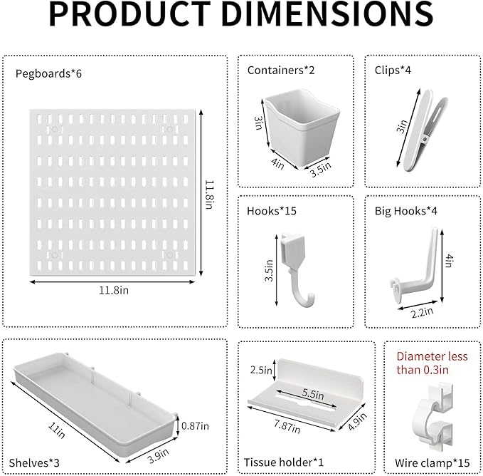 SHGJ&SOFT Peg Board Wall Organizer Panels, 50pcs - Includes 6 White Pegboards & Accessories, Plastic Pegboard for Home，Office