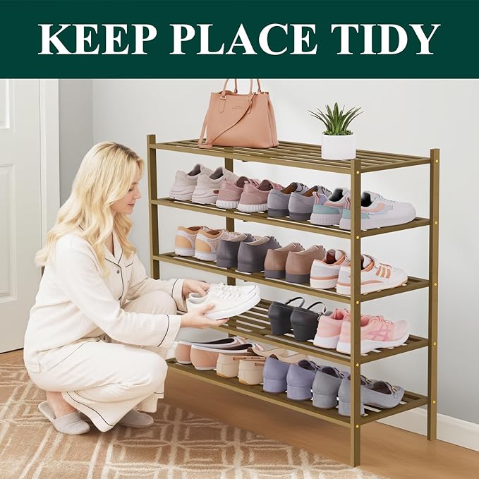 Smiry Long Bamboo Shoe Rack 5-Tier, Stackable Wooden Shoe Organizer for Entryway & Closet, Free Standing Wood Shoe Storage Sh