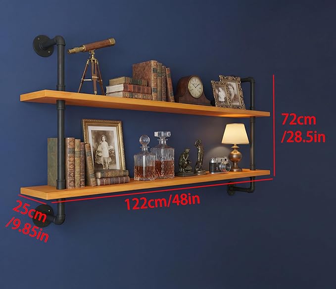 Industrial Pipe Shelving Shelf Rustic Wood Wall Shelves Industrial Floating Shelves for Wall 48 Inch Farmhouse Bookshelf Pipe